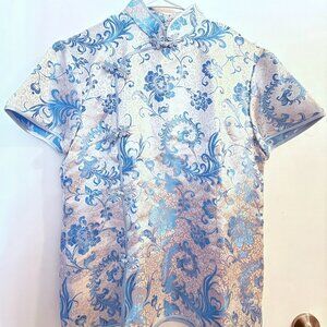 **Sky Blue Embroidered Cheongsam Top – Satin, Short Sleeve**